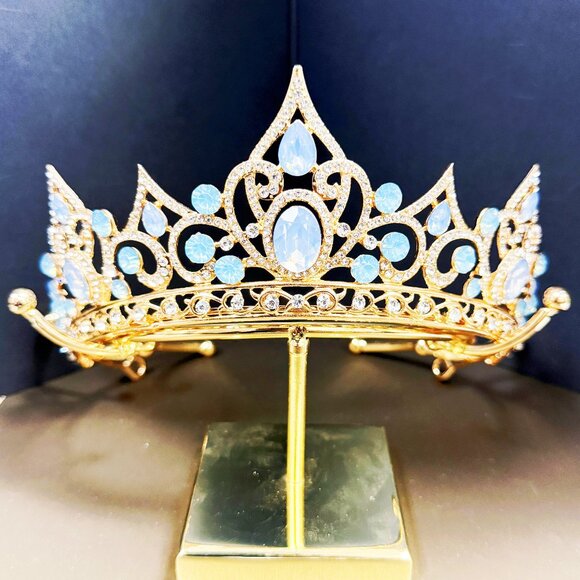 Handmade Accessories - Gold Tiara and Crown for Women, Crystal Queen Crown, Baby Blue Princess Tiara